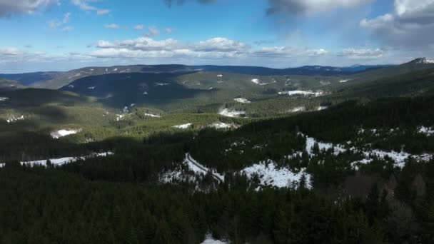 Forest mountain hill snow winter Beskydy spruce drone aerial video shot Picea abies forest virgin of a beech Fagus sylvatica, quadcopter view flying fly flight show, covered large layer, dry stumps — Stock Video