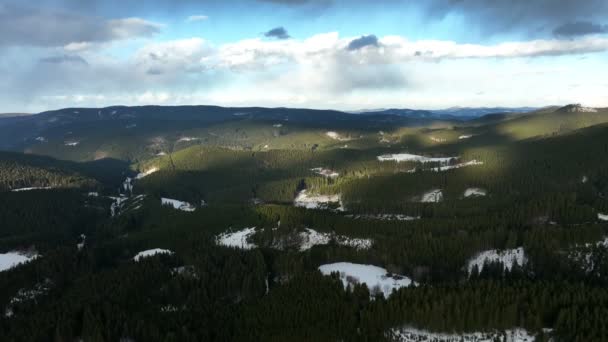 Nieve invierno bosque montaña dron aéreo colina Beskydy pícea vídeo disparo Picea abies bosque virgen de una haya Fagus sylvatica, quadcopter vista vuelo vuelo espectáculo, capa grande cubierta, tocones secos — Vídeos de Stock