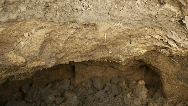 フィールドの浸食損傷土壌穴ピット不適切に管理土壌土や耕地の劣化地面と土地 舗装されたゾーンは 硬い土壌の下に圧縮土壌 養蚕が悪い — ストック写真
