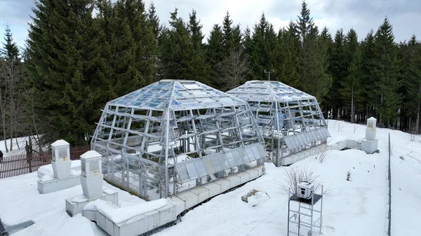 Greenhouse station snow winter frost open top chambers climate change science research Bily Kriz, plant spruce Picea abies Norway European and mountain beech Fagus sylvatica common for scientific on