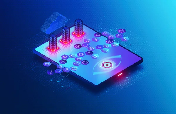 Gözlem ve İzleme Hizmeti Konsepti - Bulut tabanlı SaaS Gözlem Platformu - Sunucular ve Dijital Gözle Tablet Üzerinde Uygulamalar ve Microservices - 3D Isometric Illustration