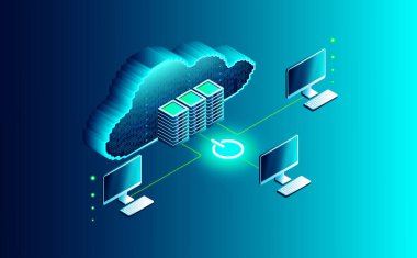 Bulut Hesaplama Konsepti - Dijital Buluta Bağlı Bilgisayarların 3B İllüstrasyonu