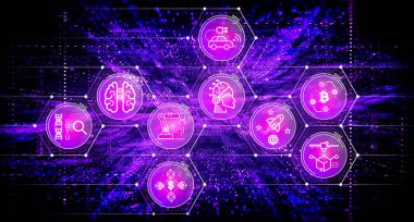 Yıkıcı Yenilik - Yıkıcı Teknoloji Konsepti - Genomik, AI, Fintech, Next Gen Internet, Özerk Araçlar, Robotik, 3D Yazdırma, Kripto Para Birimleri ve Uzay Keşif Simgeleriyle İllüstrasyon