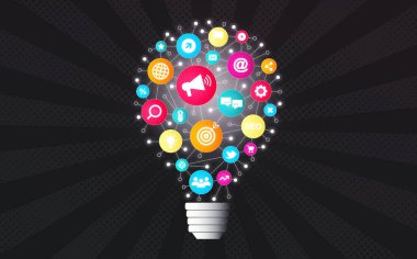 Marketing Campaign Concept - Digital Marketing Ideas - Online Advertising and Promotion - Concept with Light Bulb and Marketing Icons clipart