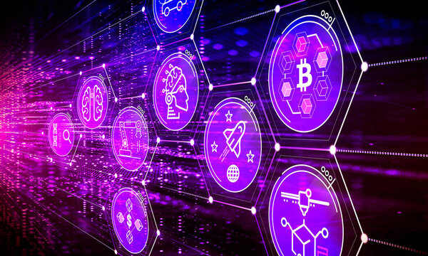 Новая концепция разрушительных технологий - иллюстрация разрушительных инноваций, таких как искусственный интеллект, 3D-печать, автономные и электрические транспортные средства, криптовалюты, блокчейн, инновации Fintech, космические исследования, геномика и следующее поколение
