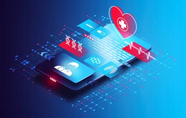 Mobil Aygıt ve Tıbbi Simgeler ile TeleHealth ve Sanal Sağlık Konsepti - 3D (Isometric) İllüstrasyon