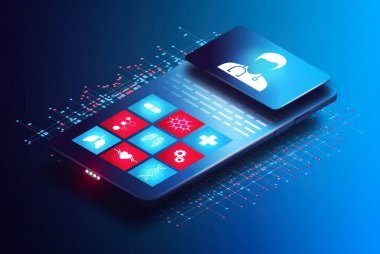 Teletıp ve Sanal Sağlık Konsepti - Dijital Sağlık Sağlığı Sağlayıcı ve Sağlıkla İlgili Uygulamalar ve Fonksiyonlarla Mobil Aygıt - 3B İllüstrasyon