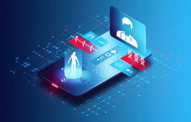 Sanal Sağlık ve Teletıp - Mobil Aygıt, Doktor, Hasta ve Sağlık Simgeleri Konsepti - 3B illüstrasyon