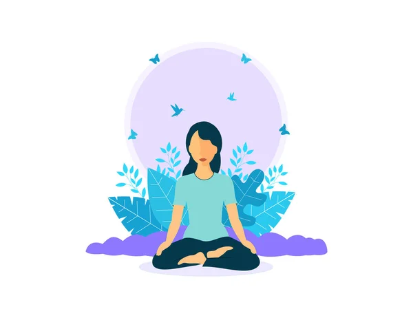 Woman Meditating Surrounded Butterflies Hummingbirds Connection Nature — Stock Photo, Image