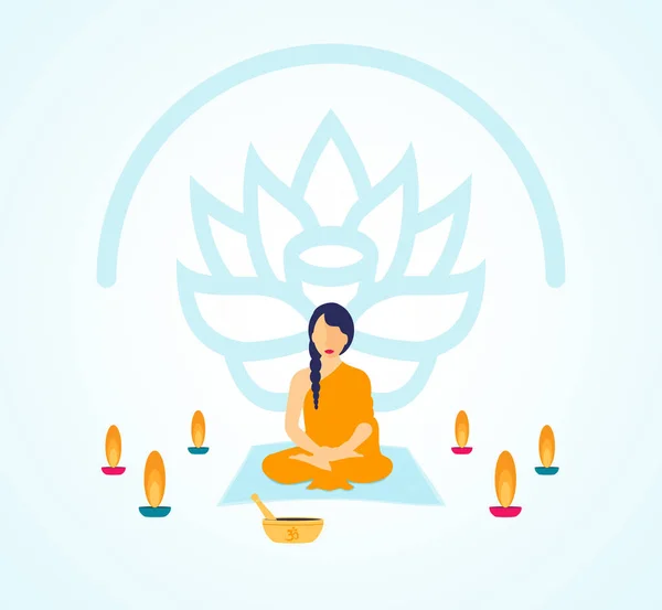Žena Meditující Obklopen Svíčkami Lotosový Květ — Stock fotografie