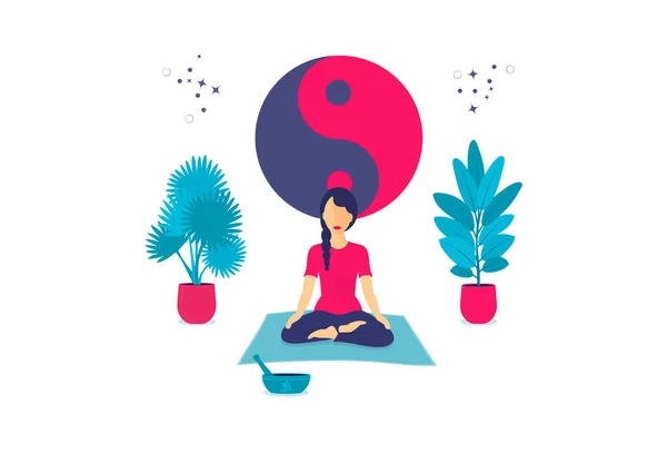Mulher Jovem Meditando Com Yin Yang Symbol — Fotografia de Stock