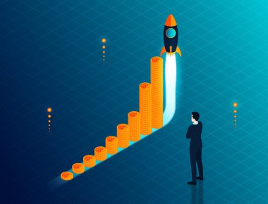 Büyüme Konsepti - Bileşik İlgi - Bileşik Büyüme Oranı - Roket ve Büyüyen Para Yığınları ile CAGR Konsepti - 3D İllüstrasyon