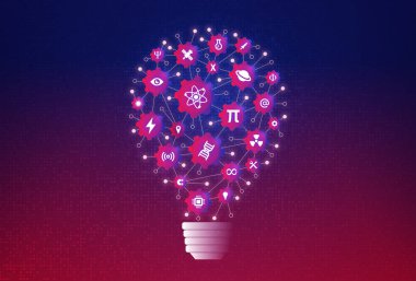 STEM Eğitim - Sert Bilimler - Teknik Bilgi Alanları - Ampul ve BTMM İlgili Simgelerle Tam Bilimler Konsepti