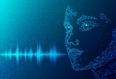 Doğal Dil İşleme - NLP - Konuşma Tanıma - Ses Dalgası ve Dijital Robotik Yüz Konsepti
