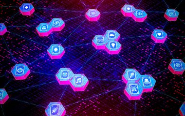 NFT Marketplace - NFT DeFi - Medya Varlıkları için Blokzincirleme Kayıtlar - Yerel Pazar ve NFTler İçin Değişim - Kavramsal 3D İllüstrasyon