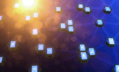NFT Marketplace - NFT DeFi - Dijital Takas - NFT 'ler için Engelleme Ekosistemi - Jeton Almak veya Satmak için Kullanılan DeFi Ağları - 3D Kavramsal İllüstrasyon