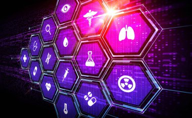 Healthcare Technology and Healthcare Science Concept - Innovation in Health and Life Sciences - New Breakthroughs - Illustration with Medical Icons on Abstract Tech Background clipart
