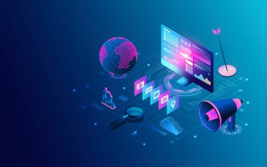 Medya Satın Alma Platformu ve Programlı Pazarlama Konsepti - Dijital Pazarlama Kampanyalarını Otomatik Almak ve İyimserleştirmek için Yeni Araçlar ve Çözümler - 3B İllümlendirme