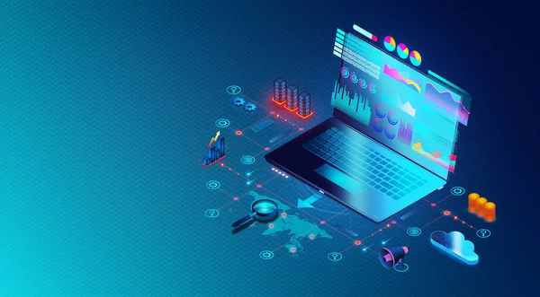 Sales and Business Intelligence Concept - Marketing Campaigns and Programmatic Marketing - Laptop Surrounded by Sales and Marketing Symbols - 3D Illustration