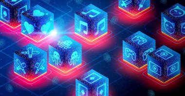 NFT Marketplace ve Yerel Takas Konsepti - Yeni Web3 ve Blokchain Technology tabanlı iadesiz jetonlar için bir pazar yeri - 3D İllüstrasyon