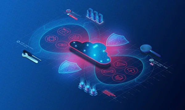 DevSecOps Concept - Geliştirme ve İşletme BT Yaşam Boyutu Entegrasyon Güvenliği Testi - Dayanıklı Yazılımı Daha Hızlı ve Daha Etkin Bir şekilde Dijital Bulut üzerine Salıverme Araçları - 3D İllüstrasyon