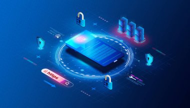 Hypertext Transfer Protokolü Güvenli Konsepti - HTTPS - Bir Dijital Ağ üzerinden İletişimi Güvence altına almak için kullanılan Hipermetin Aktarım Protokolünün Uzantısı - 3B İllüstrasyon