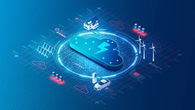 Virtual Power Plant Concept - VPP - Cloud-based Distributed Power Plant that Collects the Capacities of Distinct Energy Resources - Distributed Generation - 3D Illustration