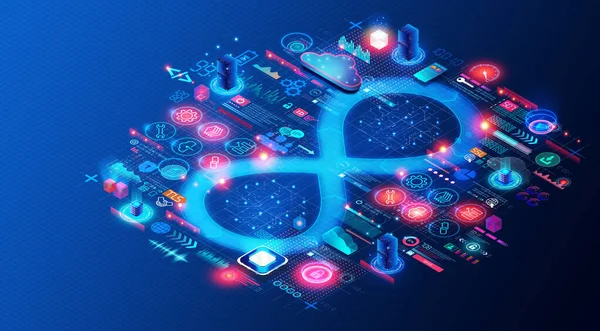 Platform Mühendislik Konsepti - Dijital Bulut Alemi 'nde Yazılım Mühendisliği Ekipleri İçin Kişisel Hizmet Yeteneklerini Sağlayan Çalışma Aletleri ve Alet Aletleri Uygulaması - 3B İllüstrasyon