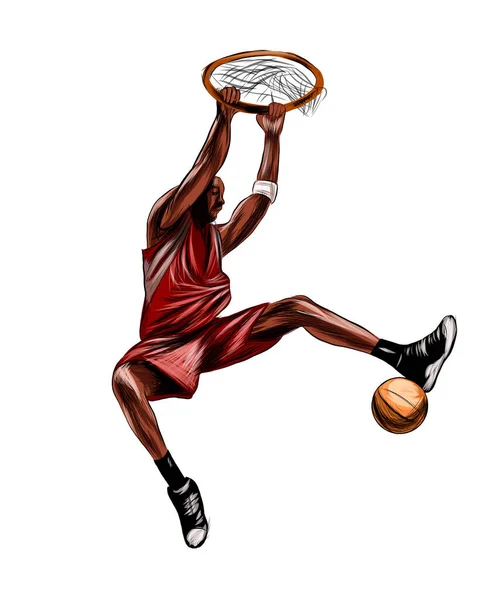 Suluboya sıçramasından top oynayan soyut basketbol oyuncusu, renkli çizim, gerçekçi. — Stok Vektör