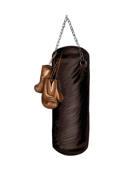 Gants de boxe et sac de boxe, dessin coloré, réaliste — Image vectorielle