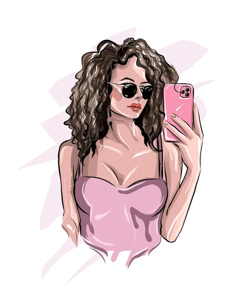 Gyönyörű fiatal nő, aki Selfie fotót készít az okostelefonon. Szelfi fotók a közösségi oldalakon, színes rajz, realista — Stock Vector