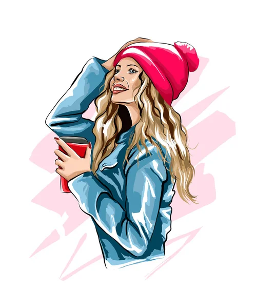 Bella giovane donna con una tazza di caffè in plastica in mano. Ragazza alla moda, disegno a colori, realistico — Vettoriale Stock