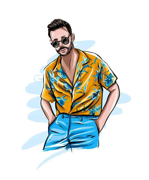 ファッション服のスタイリッシュなハンサムな男、ハワイのシャツの男、着色された図面、現実的な — ストックベクタ
