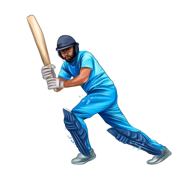 Batedor abstrato jogando críquete de respingo de aquarelas, desenho colorido, realista — Vetor de Stock
