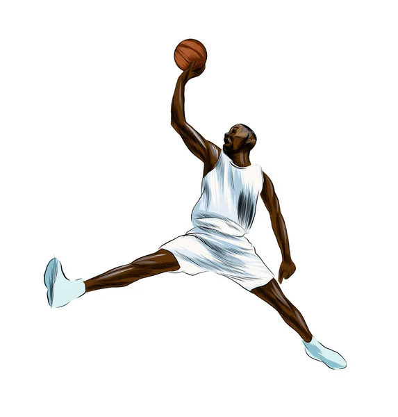 Abstract basketbalspeler met bal uit plons aquarellen, gekleurde tekening, realistisch — Stockvector