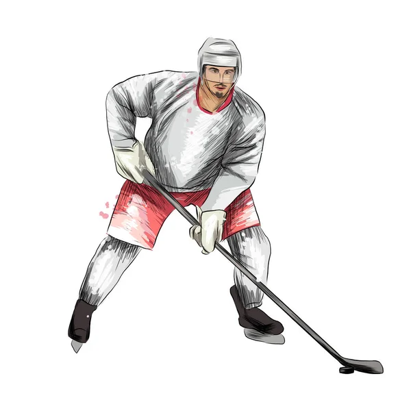 Abstracte hockeyspeler uit plons aquarellen, gekleurde tekening, realistisch. Winter sport — Stockvector