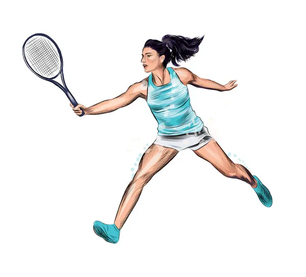 जल रंगों के स्प्लैश से रैकेट के साथ टेनिस खिलाड़ी को अवशोषित करें, रंगीन ड्राइंग, वास्तविक — स्टॉक वेक्टर
