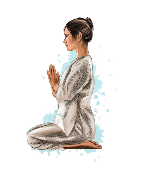 Mujer abstracta meditando de salpicaduras de acuarelas. Postura de yoga de loto Fitness — Vector de stock
