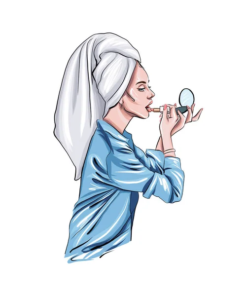 Giovane donna fa il trucco, Bella ragazza con un asciugamano sulla testa si dipinge le labbra, disegno colorato, realistico — Vettoriale Stock
