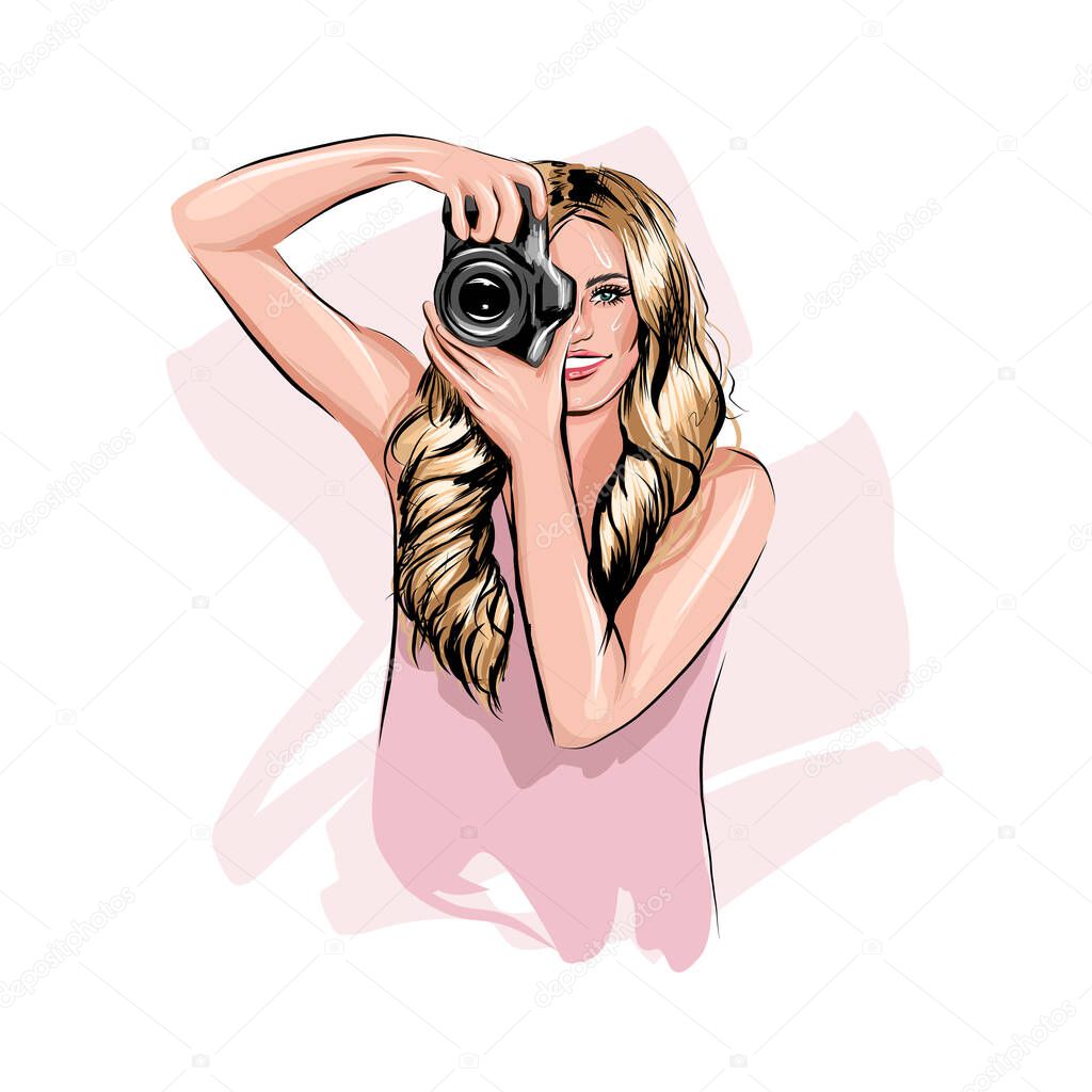 Beautiful young woman photographer taking pictures, colored drawing, realistic
