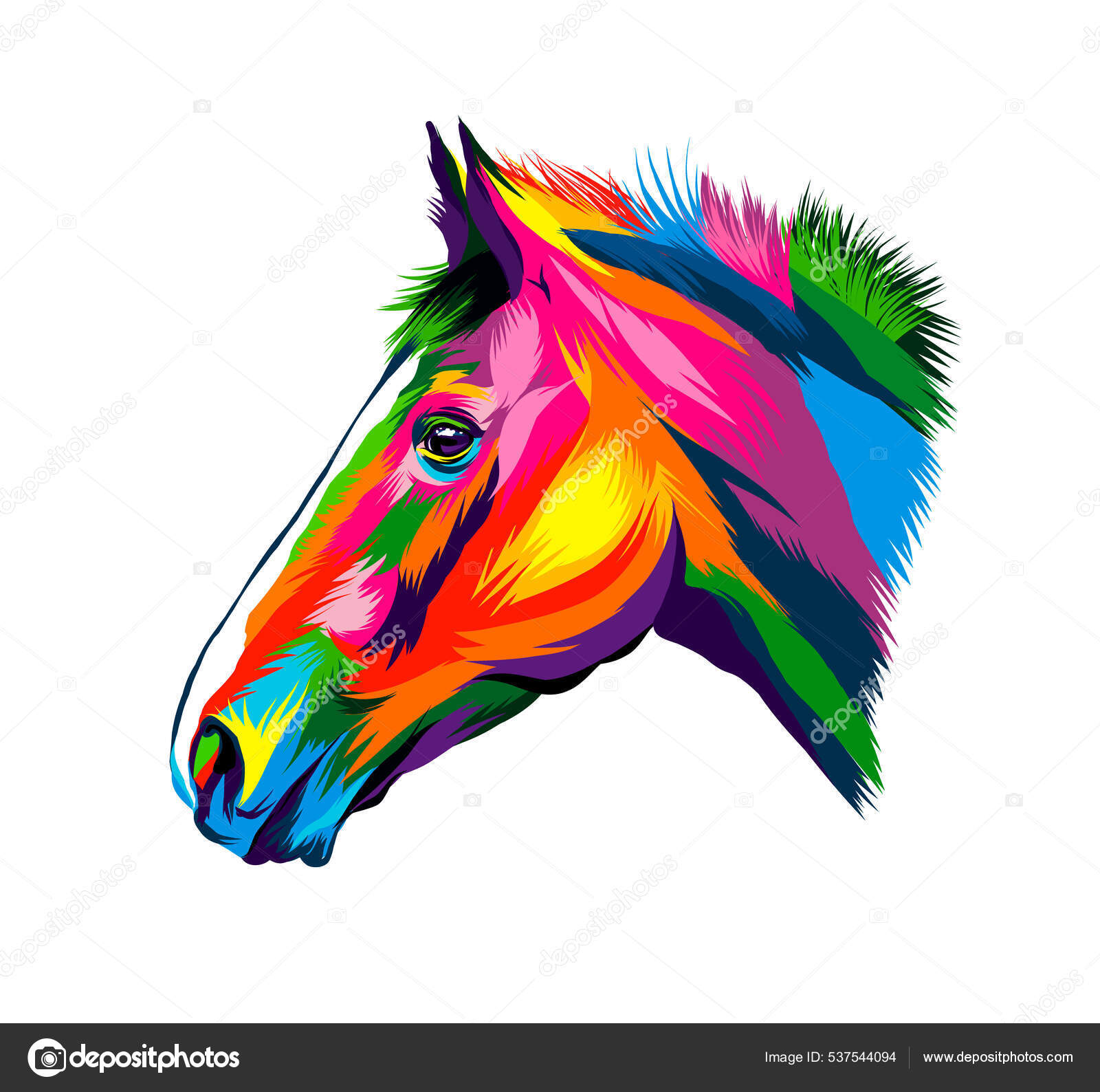 Retrato de cabeça de cavalo de tintas multicoloridas. Splash de aquarela,  desenho colorido, realista Vetor de ©kapona 537544094, image size:1600x1588