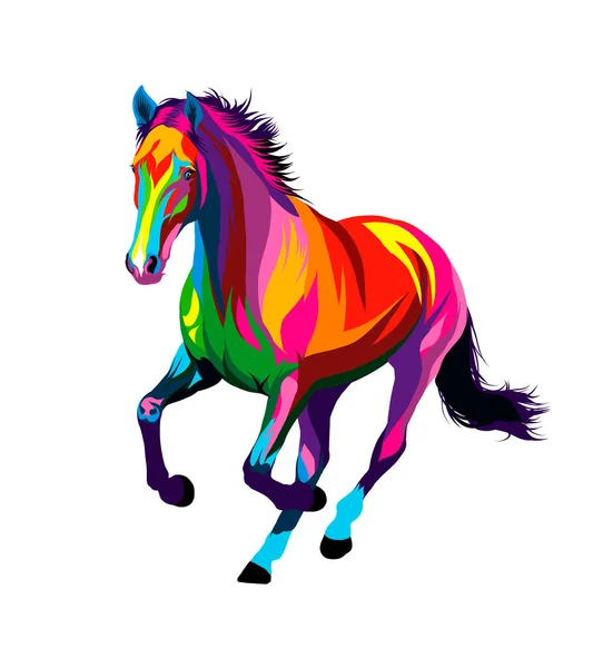 Cavalo que corre em um galope de pinturas multicores. Splash de aquarela, desenho colorido, realista — Vetor de Stock