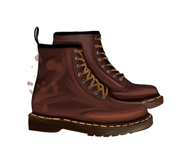 Homens marrons botas com couro nubuck de tintas multicoloridas. Splash de aquarela, desenho colorido, realista — Vetor de Stock