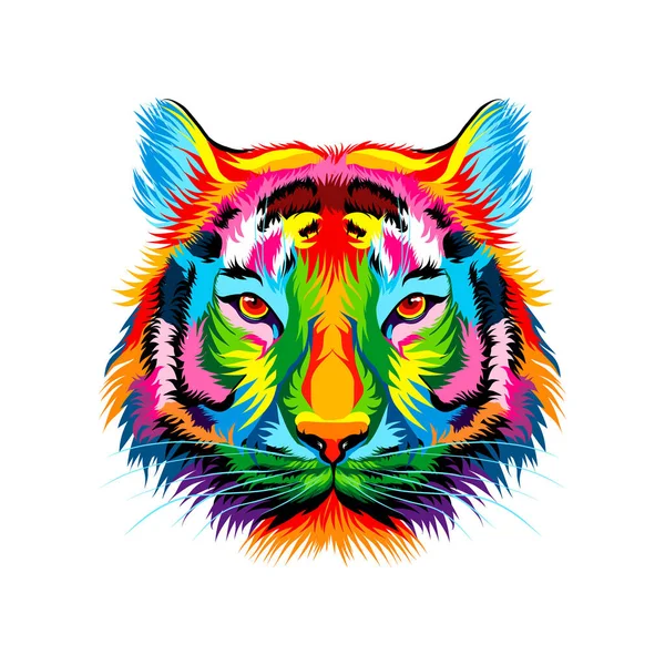 Portrait de tête de tigre de peintures multicolores. éclaboussure d'aquarelle, dessin coloré, réaliste — Image vectorielle
