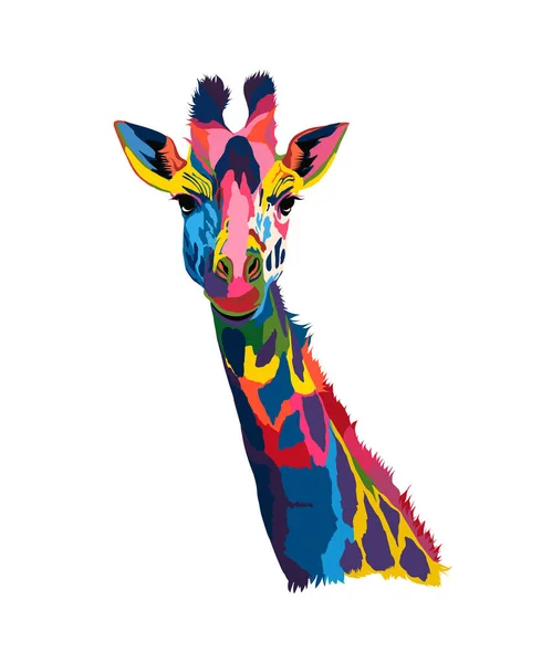 Portrait de tête de girafe de peintures multicolores. éclaboussure d'aquarelle, dessin coloré, réaliste Vecteur En Vente