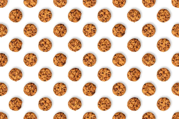 Choklad Chip Cookie Mönster Vit Bakgrund Massor Bruna Bakade Kakor — Stockfoto