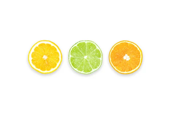 Lemon Lime Orange Three Slices Different Citrus Fruits Table Top — Stock Photo, Image