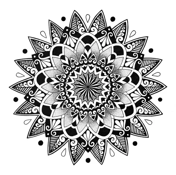 Freehand Drawing Manadala Raster Image Black White Drawing Relaxation Design — Stock Photo, Image