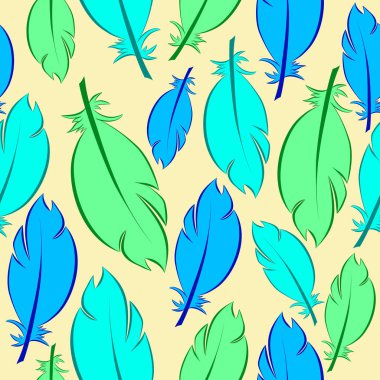 Hand drawn vector seamless pattern with painted bird feathers. Titled background.