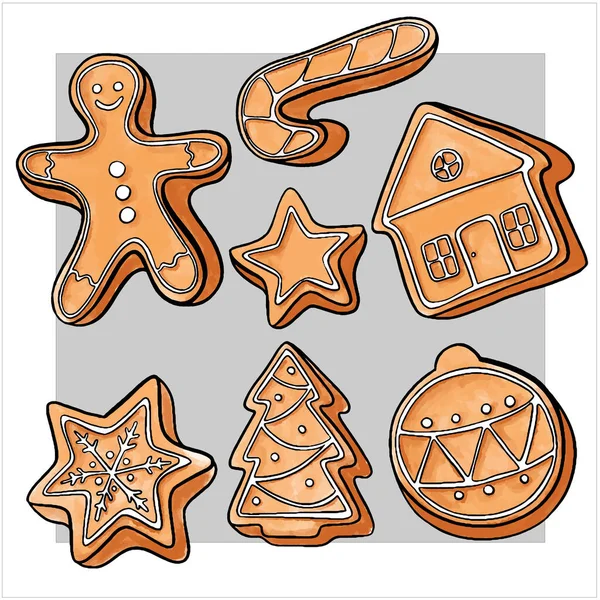 Set Gingerbread Cookies Colored Vector Drawings Suitable Patterning Postcards Packaging — Stock Vector